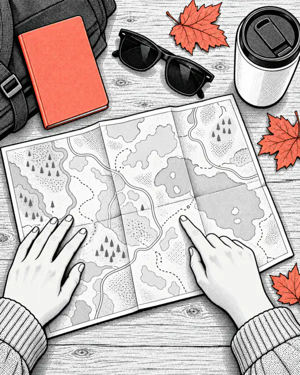 Illustration: an open map, a passport, sunglasses and a travel mug on a table.