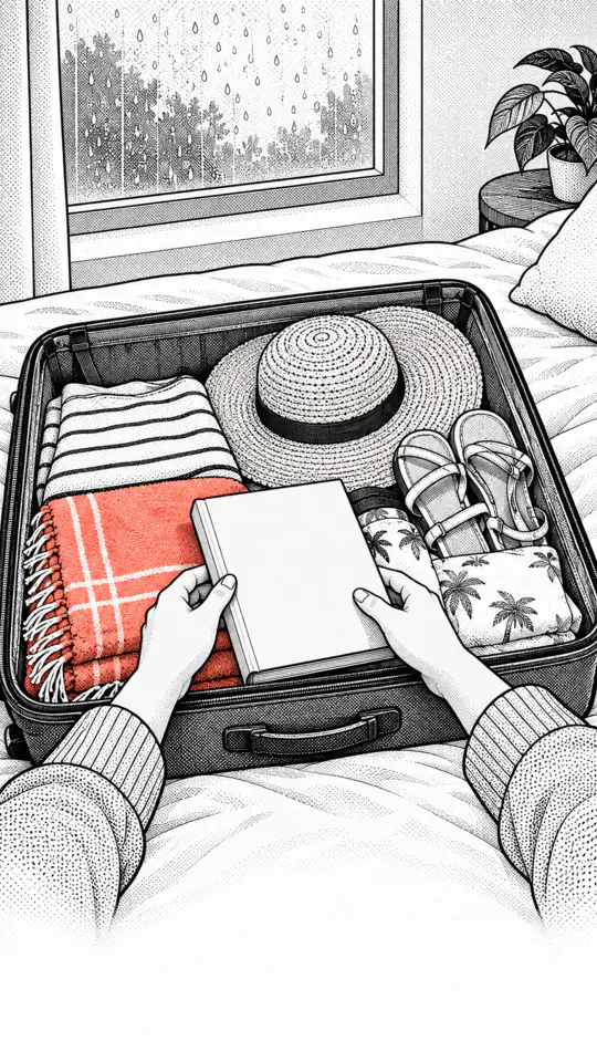 Illustration: an open suitcase with a sun hat and sandals, raindrops on the window.