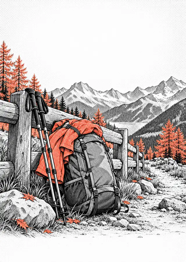 Illustration: a backpack leans against a wooden fence on a hiking trail, autumn mountains behind.