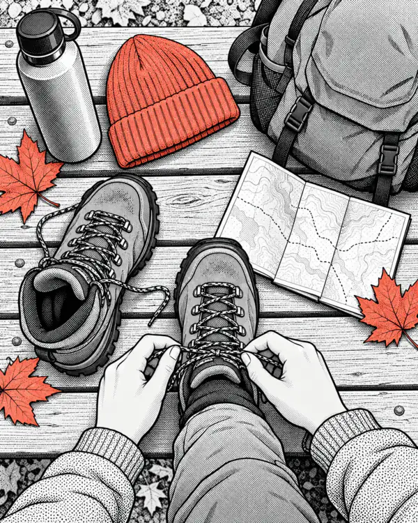 Illustration: hands lace a hiking boot, next to a backpack, a water bottle and autumn leaves.