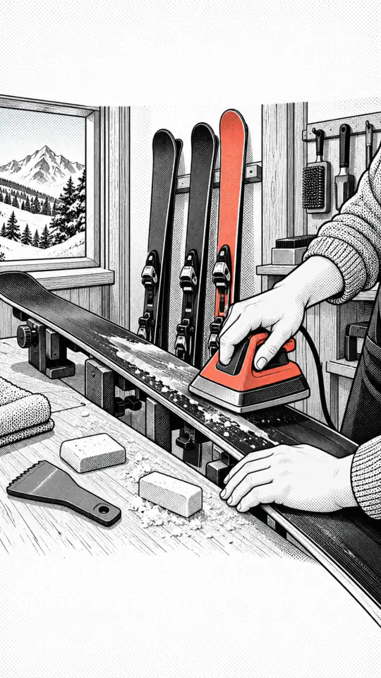 Illustration: hands apply wax to a clamped ski in a workshop.