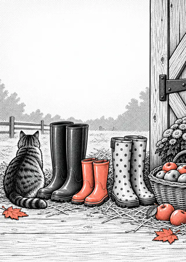 Illustration: rubber boots in different sizes stand in front of a barn door, next to a basket of apples.