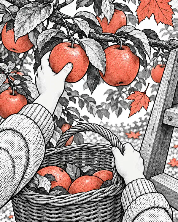 Illustration: children’s hands pick apples from a branch into a basket.