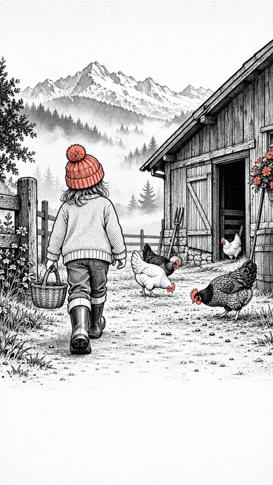 Illustration: a child, seen from behind, walks towards the barn with a basket, chickens in front.