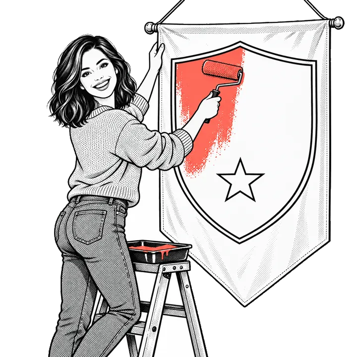 Comic drawing: a woman on a ladder paints a crest onto a banner.