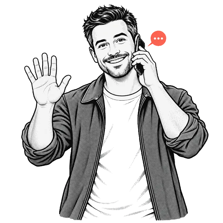 Comic drawing: a man on the phone waves in a friendly way.