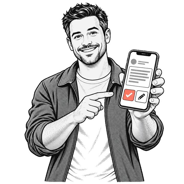 Comic drawing: a man points at his smartphone with the buttons approve and edit.