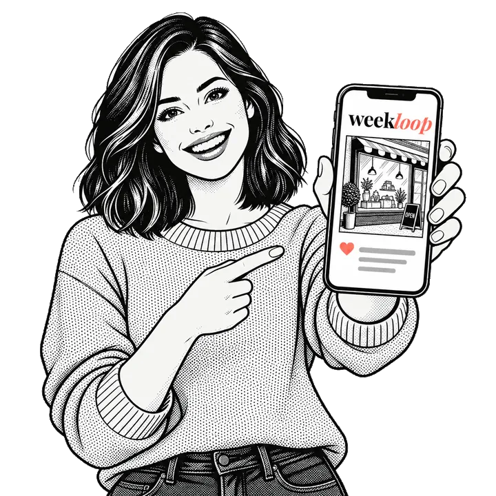 Comic drawing: a smiling woman points at her smartphone showing the Weekloop logo and a finished post.