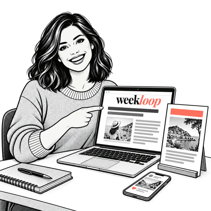 Comic drawing: a smiling woman points at a laptop showing a blog article and the Weekloop logo, next to a poster and a smartphone with a post.