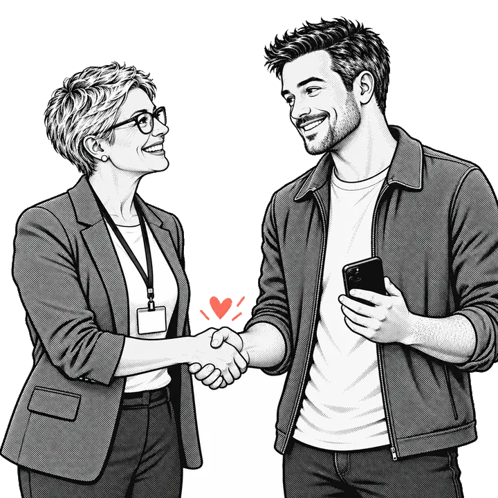 Comic drawing: an association representative and a shop owner shake hands, smiling.