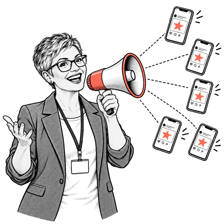 Comic drawing: an association representative speaks into a megaphone and her post appears on many smartphones.