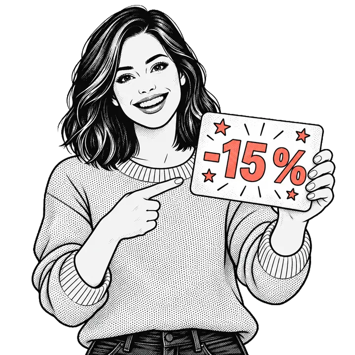 Comic drawing: a woman points at a voucher reading “-15 %”.