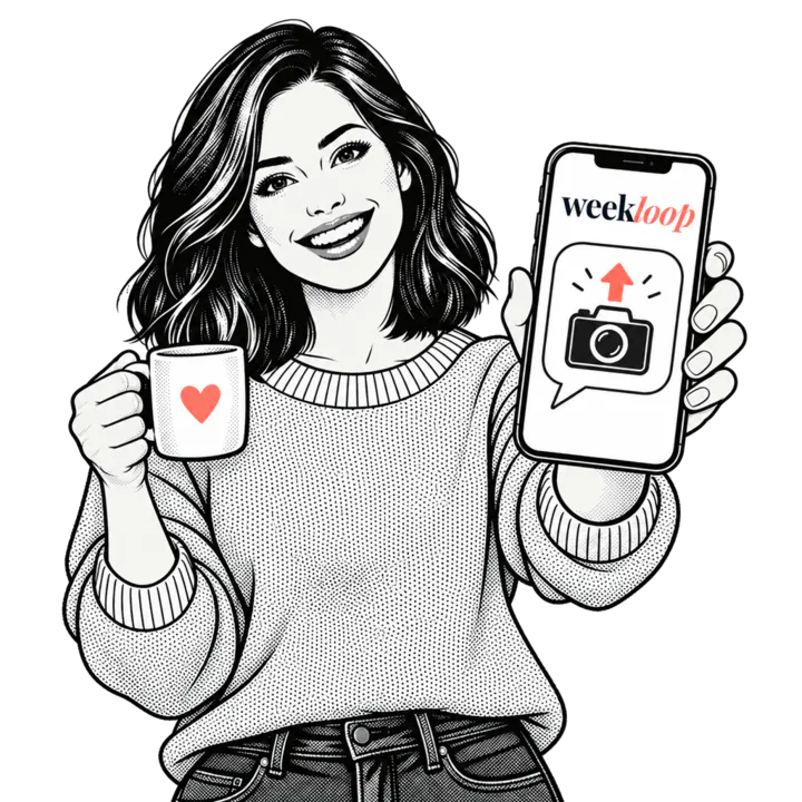 Comic drawing: a woman holds up a mug and shows a smartphone with the Weekloop logo and a request for a photo.