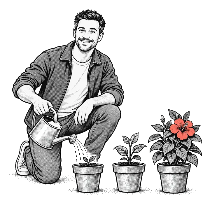 Comic drawing: a man waters three plants that grow from small to large.