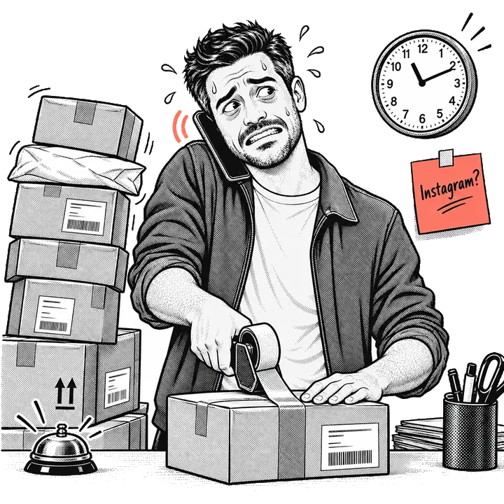 Comic drawing: a stressed shop owner holds the phone to his ear while taping a parcel, next to stacked parcels, a clock and a sticky note saying “Instagram?”.