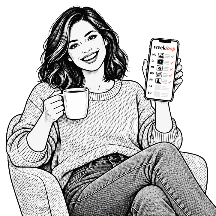 Comic drawing: a relaxed woman in an armchair with a coffee shows a ticked-off weekly plan on her smartphone.