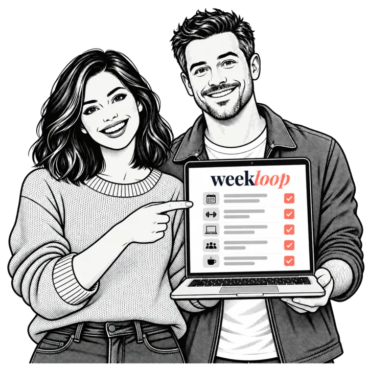 Comic drawing: a woman and a man smile and point at a laptop showing the Weekloop logo and a ticked-off weekly plan.