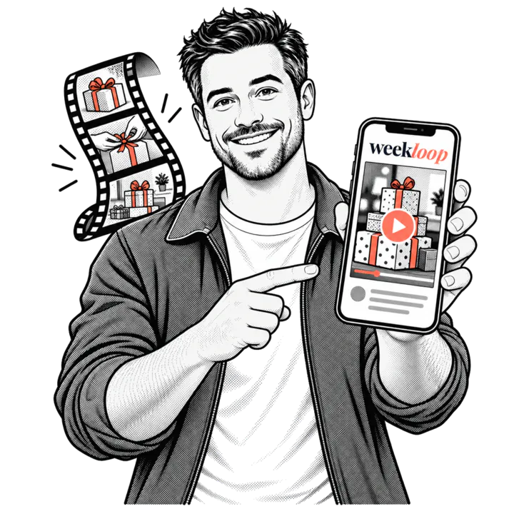 Comic drawing: a man shows a smartphone with a short video and a play button, next to a film strip.